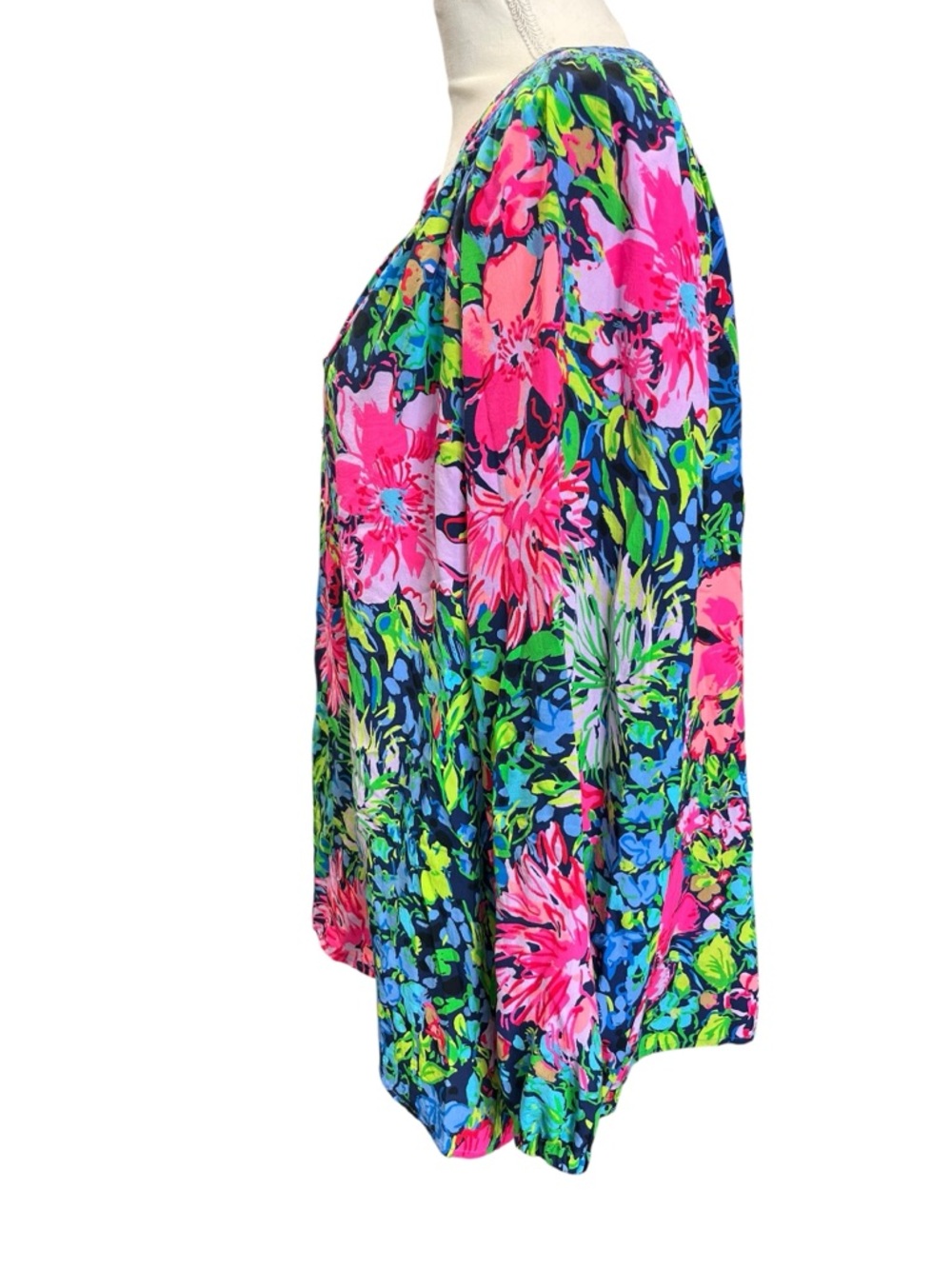 Lilly Pulitzer 100% Silk Floral Tunic Blouse XL Pink Navy Resort Tropical Top - Picture 6 of 9